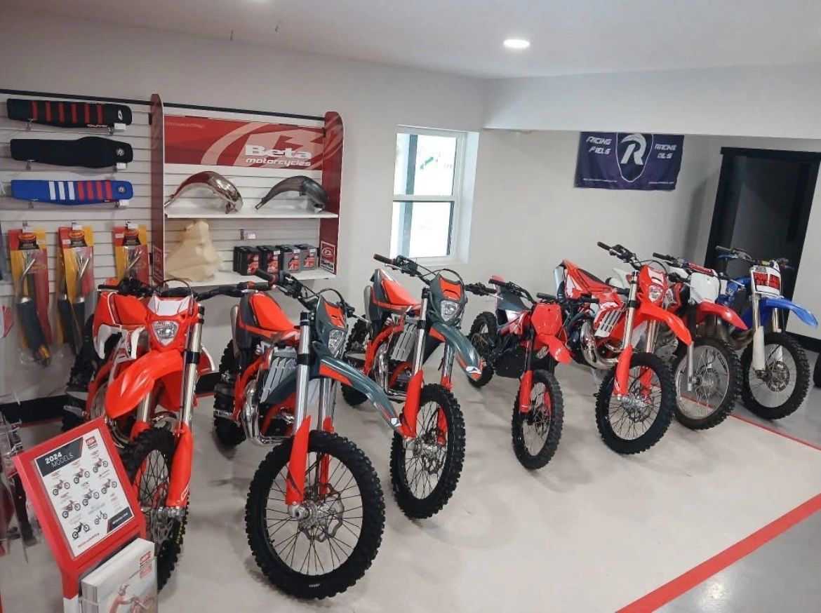 Inside the Young's Cycle Worx showroom in Seaman, Ohio with new Beta, Sherco and Segway models on the floor